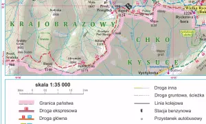 Mapa turystyczna Beskidu Żywieckiego z zaznaczonymi atrakcjami, szlakami i drogami.