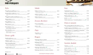 Menu restauracji "Pod Pstrągiem" z daniami rybnymi, sałatkami, zupami, burgerami i daniami w zestawie. W tle widać pstrąga na desce.