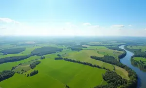 Rozległy krajobraz nizinny z zielonymi polami, lasami i krętą rzeką pod błękitnym niebem.