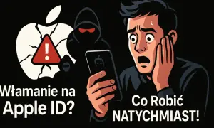 Przerażony mężczyzna trzyma telefon, widząc włamanie na Apple ID. Cień hakera i pęknięte logo Apple symbolizują zagrożenie.