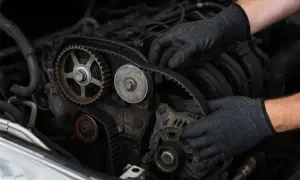 Mains d'un mécanicien ajustant la courroie de distribution d'un moteur. Un élément clé pour connaître le courroie de distribution prix.
