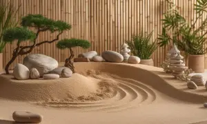 Miniatur-asiatischer Garten mit Bonsai, Steinen und Sandwellen vor Bambuswand.