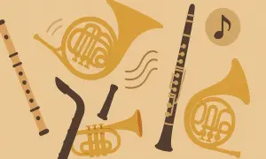 Instrumenty dęte blaszane: dwa rogi, trąbka, klarnet i flet tworzą muzyczną kompozycję.