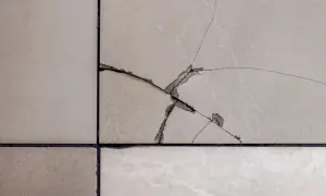 Carrelage fissuré, une partie semble prête à combler le carrelage manquant.