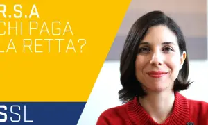 Donna sorridente su sfondo giallo con testo "R.S.A. Chi paga la retta?". Affronta temi come invalidità al 100% e Alzheimer.