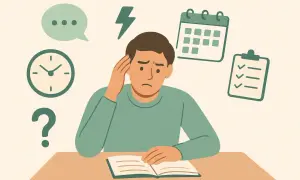 Chłopiec zmartwiony, z ręką na głowie, przy książce. Wokół symbole: zegar, kalendarz, lista, znak zapytania, chmurka. Widać brak koncentracji u dziecka.