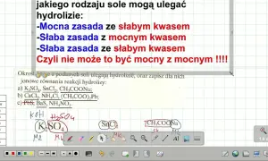 Zadanie z chemii o hydrolizie soli. Wymieniono sole ulegające hydrolizie: mocna zasada ze słabym kwasem, słaba zasada z mocnym kwasem, słaba zasada ze słabym kwasem.