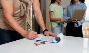 Mężczyzna podpisuje dokumenty, obok leżą klucze. W tle dwie kobiety.