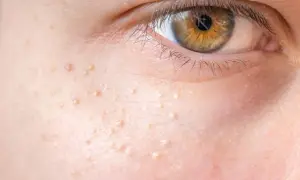 Zbliżenie na skórę twarzy z widocznymi prosakami i fragmentem oka.