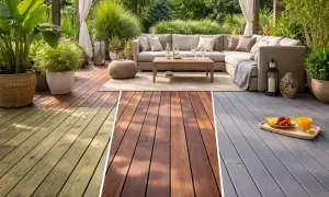 Comparativa de acabados para colocar suelo de madera sobre vigas: verde, marrón y gris.