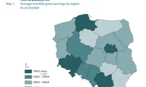 Mapa Polski z zaznaczonymi regionami i ich przeciętnym miesięcznym wynagrodzeniem brutto w październiku.