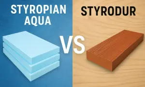 Styropian Aqua vs. styrodur. Porównanie materiałów izolacyjnych: niebieski styropian i brązowy styrodur.