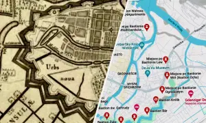 Stara mapa fortyfikacji Gdańska obok współczesnej mapy z zaznaczonymi bastionami i atrakcjami.