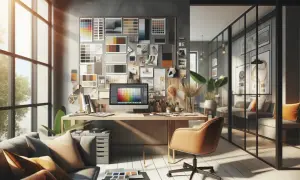 Inspiracja do pkd wykończenie wnętrz: moodboard, komputer z paletą kolorów, próbki materiałów i wygodna sofa.
