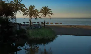 Palmeras y sombrillas en la playa de Puerto Banús, Marbella. Un pequeño estanque refleja el cielo azul y la calma del mar.