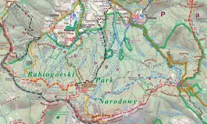 Mapa turystyczna **Beskid Żywiecki** z zaznaczonymi szlakami, punktami widokowymi i schroniskami w rejonie Babiej Góry.