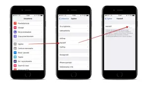 Trzy ekrany iPhone'a pokazujące ścieżkę Ustawienia > Ogólne > Handoff.