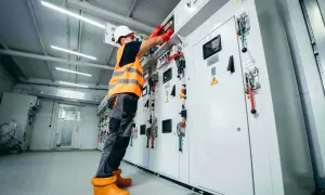 Elektriker arbetar med elskåp, följer ensamarbete regler.