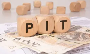 Drewniane klocki z literami "PIT" leżą na banknotach 200 zł i dokumentach podatkowych. To symboliczne przedstawienie podatku od darowizny.