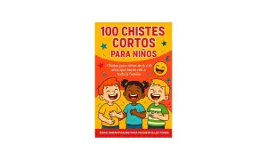 Portada de libro "100 chistes graciosos cortos para niños", con tres niños riendo a carcajadas. ¡Diversión garantizada!