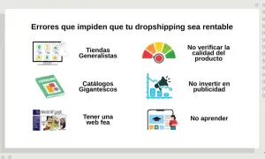 Errores comunes en dropshipping: tiendas generalistas, catálogos gigantes, web fea, no verificar calidad, no invertir en publicidad, no aprender. Así se evita que tu negocio sea rentable.