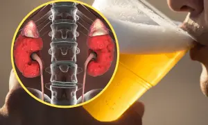 Czy piwo oczyszcza nerki? Grafika przedstawia ludzkie nerki i kręgosłup w okręgu, obok osoby pijącej piwo.