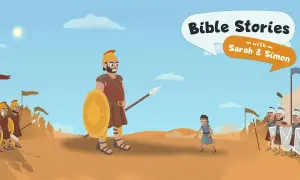 Dawid z biblii, mały chłopiec, staje naprzeciw olbrzyma. W tle wojska i chmury.