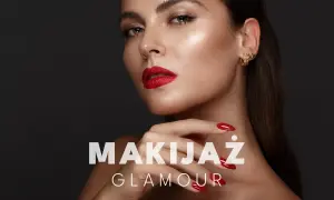 Kobieta z idealnym makijażem glamour: czerwone usta, złote cienie, perfekcyjne paznokcie.