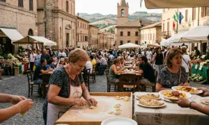 Festa di paese a Treia, Marche: gente a tavola, bancarelle di prodotti tipici e una signora che prepara ravioli.