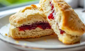 Två fluffiga scones utan filmjölk, fyllda med sylt, ligger på en vit tallrik.