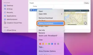 Opcja "Delete Immediately..." w menu kontekstowym na Macu, by trwale usunąć plik z Kosza.