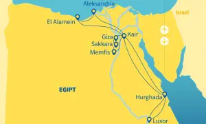 Mapa Egiptu z zaznaczonymi trasami podróży: Aleksandria, El Alamein, Kair, Giza, Sakkara, Memfis, Hurghada, Luksor. Widać delta Nilu.