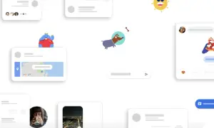 Wiadomości Google SMS: urocze postacie i ikony, mapa Google, piesek w kosmosie, słońce i okna czatu.
