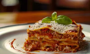 Ein Stück Lasagne al forno, mit Hackfleischsauce, Käse und Basilikum garniert.