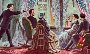 John Wilkes Booth skjuter Abraham Lincoln i teatern. Scenen visar hur dog Abraham Lincoln, en tragisk händelse i amerikansk historia.