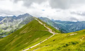 Tłum ludzi wędruje malowniczym szlakiem pośród zielonych zboczy gór. Idealne miejsce, gdzie w góry!