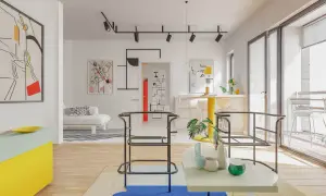 Nowoczesne wnętrze w stylu bauhaus z geometrycznymi obrazami, żółtym blatem i minimalistycznymi meblami.