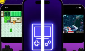 Tres teléfonos muestran juegos retro. El de la izquierda, un juego de rol con un zorro y una rana. El del medio, un icono de Game Boy. El de la derecha, un juego de plataformas con un oso rosa. El mejor emulador GBA Android para revivir estos clásicos.