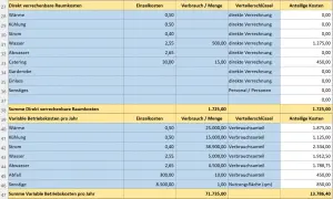 Tabelle zeigt Betriebskosten, die der Vermieter umlegt. Aufgelistet sind Einzelkosten, Verbrauch und Verteilerschlüssel für Wärme, Strom, Wasser etc.