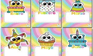 Tarjetas de los meses del año para imprimir: Enero (pastel), Febrero (regalo), Marzo (gorro), Abril (piñata), Mayo (cupcake), Junio (pastel azul).