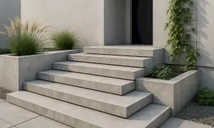 Nowoczesne betonowe schody zewnętrzne z roślinnością i kamieniami.