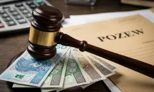 Młotek sędziowski na banknotach i dokumentach z napisem "POZEW". Zastanawiasz się, ile kosztuje złożenie pozwu?