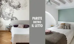 Idee per decorare parete camera da letto fai da te: carta da parati floreale e parete verde salvia.