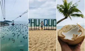Wietnam plaże: widok z kolejki linowej na zatokę pełną łodzi, mężczyzna na plaży przy napisie "Phu Quoc" i kokos w dłoni.