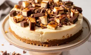 En krämig daim cheesecake toppad med bitar av choklad och karamell. En dröm för alla som älskar daim.