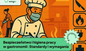 Kucharz w masce i fartuchu, pracownik sprzątający kuchnię. Ilustracja podkreśla dobrą praktykę higieniczną w gastronomii.