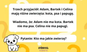 Rozwiąż zagadkę: kłiz o genzie. Adam, Bartek i Celina mają kota, psa i papugę. Kto ma jakie zwierzę?