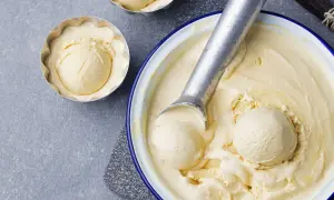 Krämig vaniljglass, perfekt för ett enkelt gelato recept. En skopa glass i en form och en stor skål med glass och skopa.