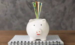 Biała świnka skarbonka z banknotami w środku, symbolizująca oszczędności na przedszkole publiczne.