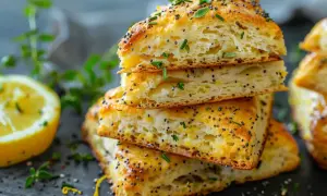 En hög med fluffiga scones, toppade med vallmofrön och gräslök. Perfekta att doppa i filmjölk.